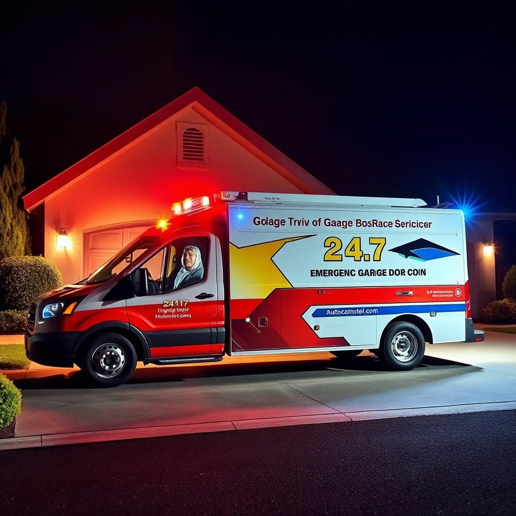 24/7 emergency garage door repair service truck responding at night