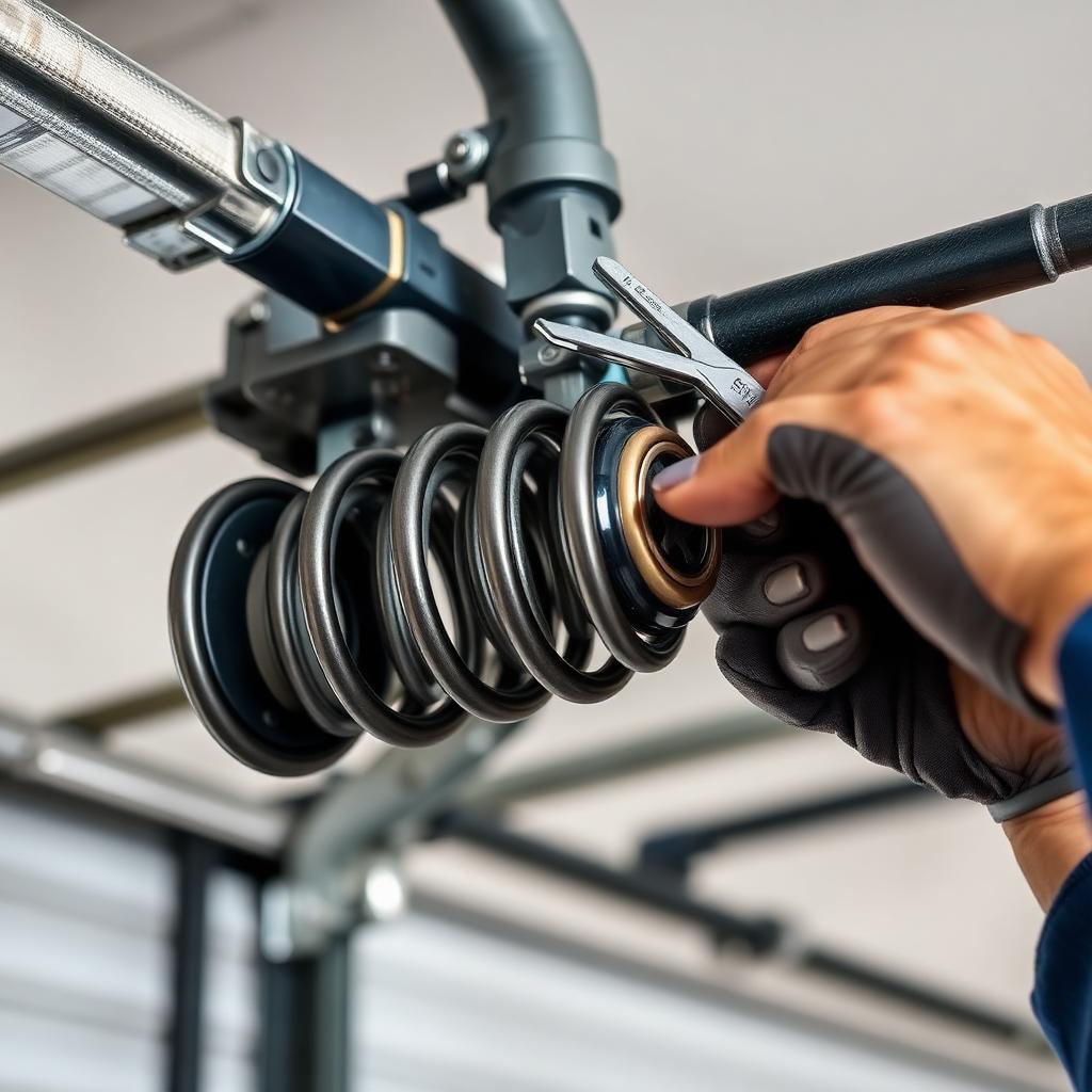 Close-up of professional garage door spring repair by licensed technician
